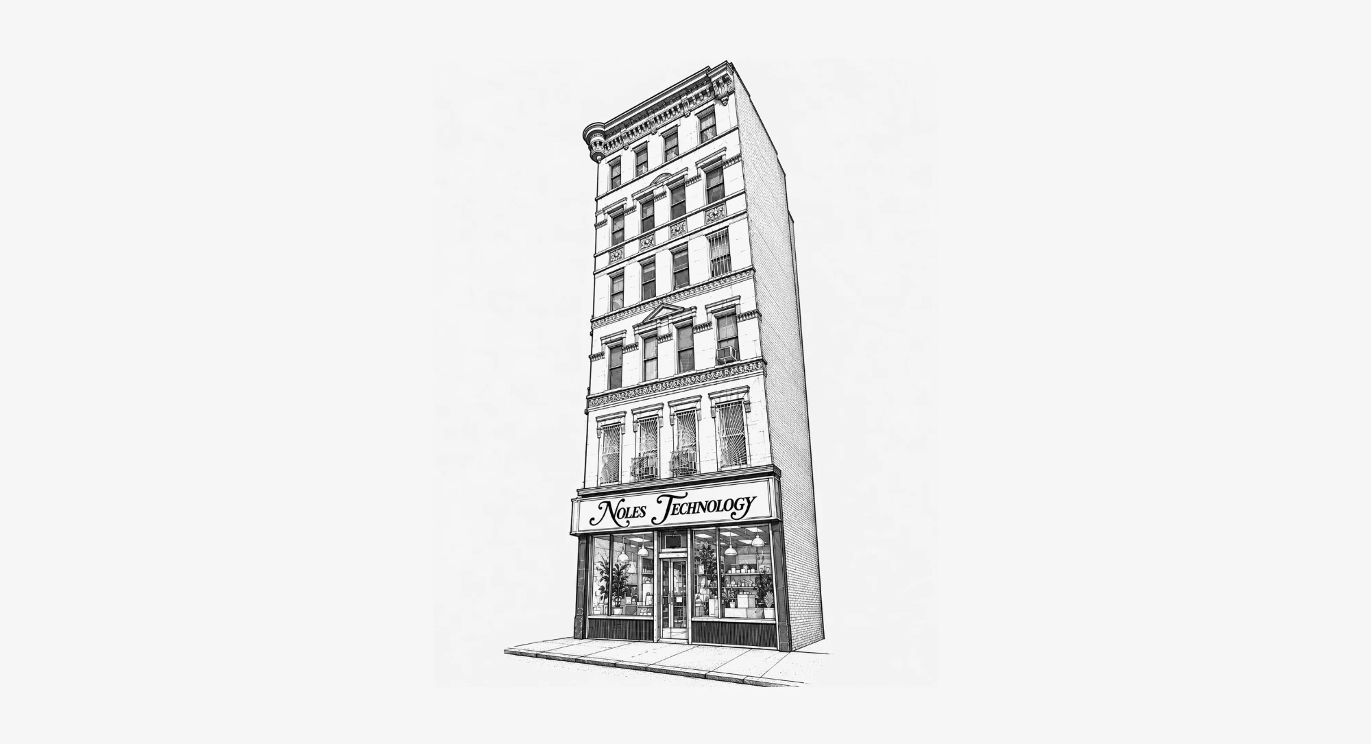 Line illustration of a narrow five-storey building with a Noles Technology storefront at street level